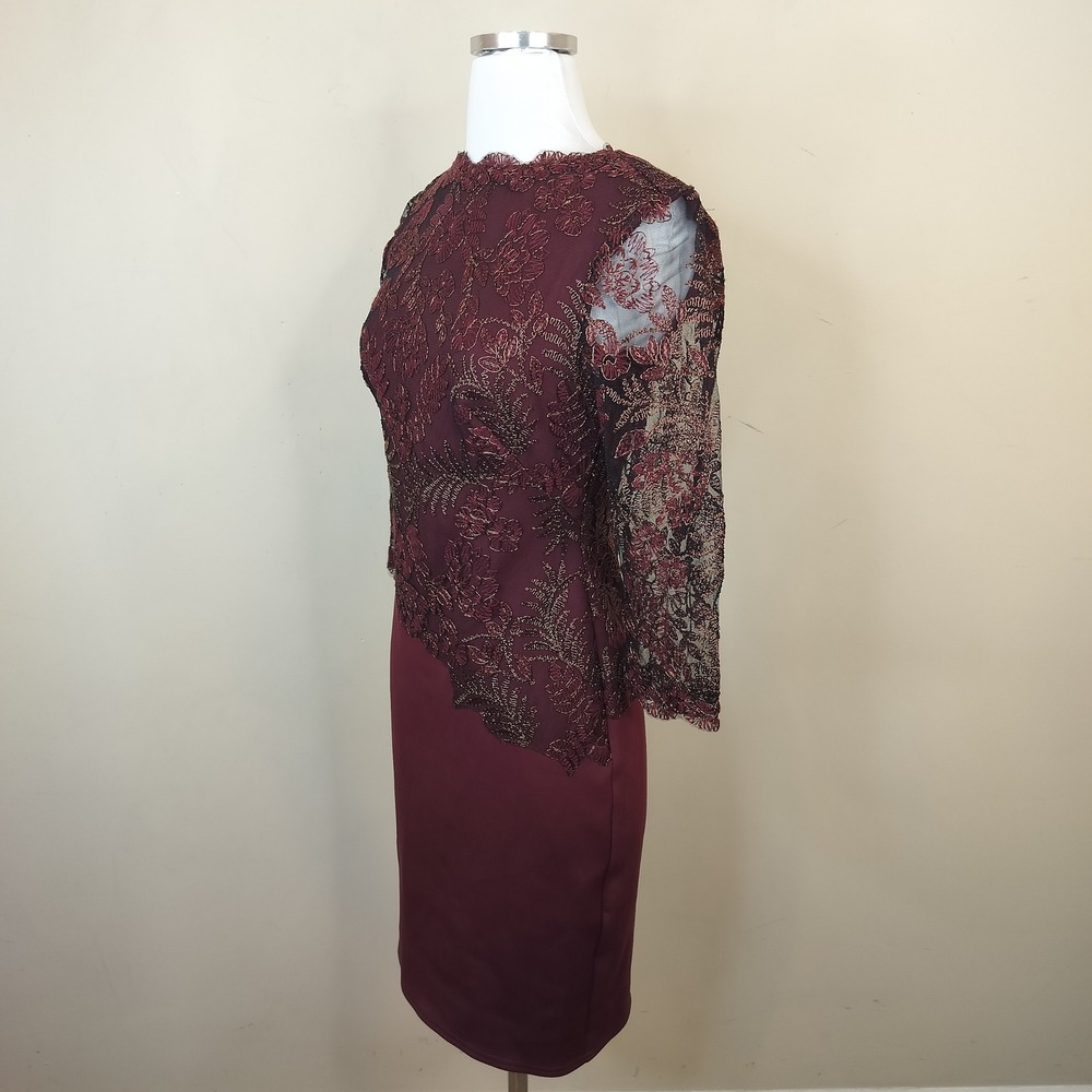 Tadashi Shoji Lace Embroidered Sheath Dress 2 Sheer Overlay Cocktail Raisin - Picture 7 of 14